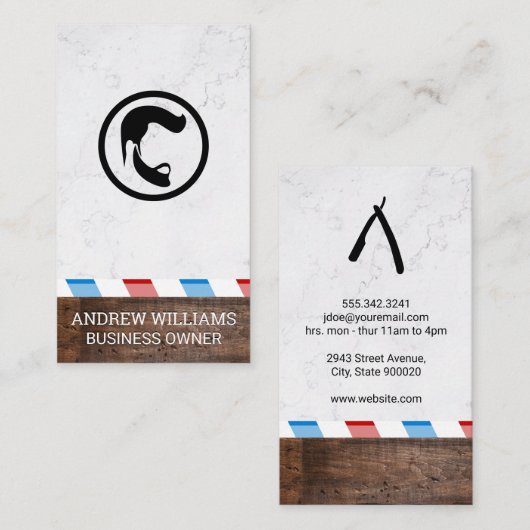 Barber Pole | Hout en marmer Visitekaartje (Voorkant / Achterkant)