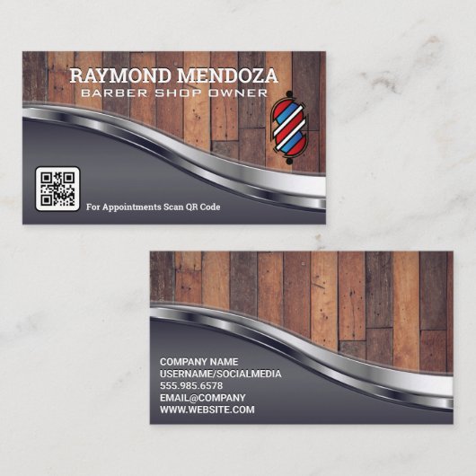 Barber Pole Logo | Houtmetaal | QR-code Visitekaartje (Voorkant / Achterkant)
