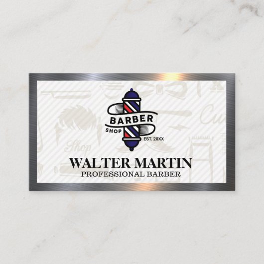 Barber Pole Logo | Stijlvol Metaal Visitekaartje (Voorkant)