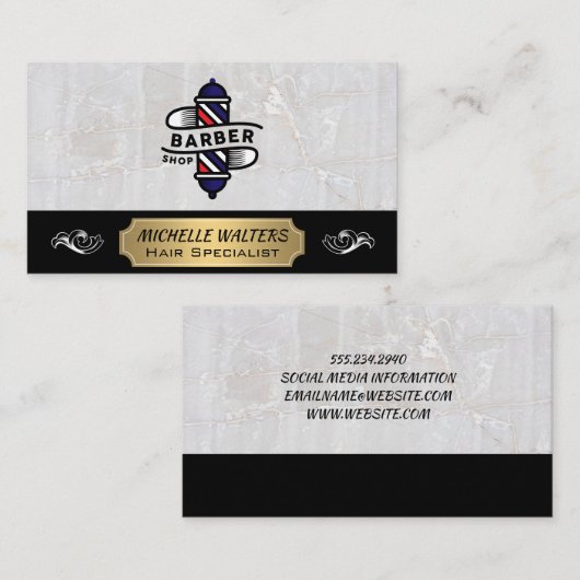 Barber Pole | Witte marmer Visitekaartje (Voorkant / Achterkant)