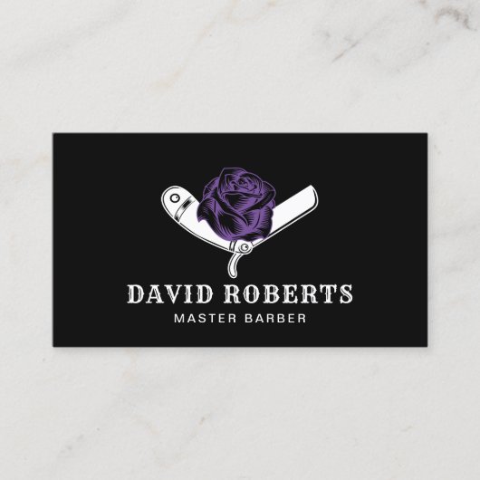 Barber Razor en Paars Roos Barbershop Black Hair Visitekaartje (Voorkant)