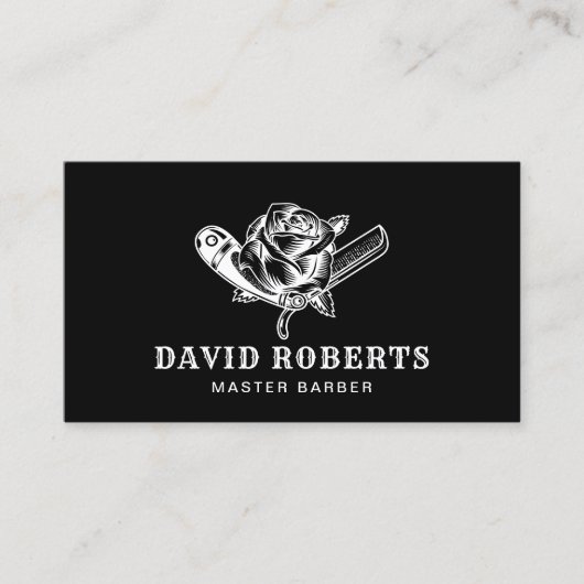 Barber Razor en Roos Logo Barbershop Black Visitekaartje (Voorkant)