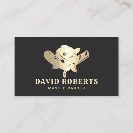 Barber Razor en Roos Logo Black Gold Barbershop Visitekaartje (Voorkant)