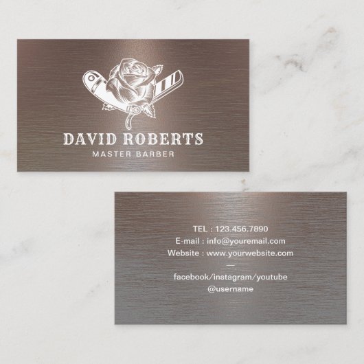 Barber Razor en Roos Logo Cool Copper Barbershop Visitekaartje (Voorkant / Achterkant)