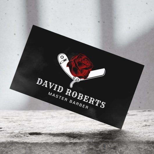 Barber Razor & Red Rose Barbershop Black Hair Visitekaartje