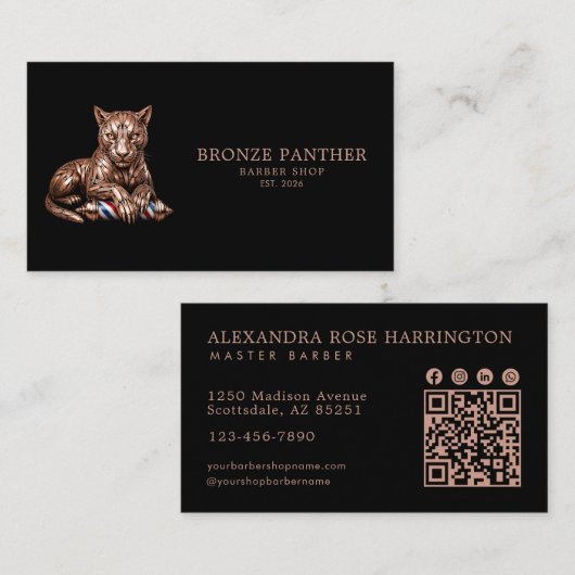 Barber Rose Gold Panther Kapperszaak Qr Code Visitekaartje (Voorkant / Achterkant)
