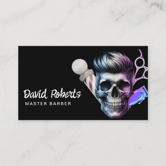 Barber schedel Barbershop Haar Stylist Modern Zwar Visitekaartje (Voorkant)
