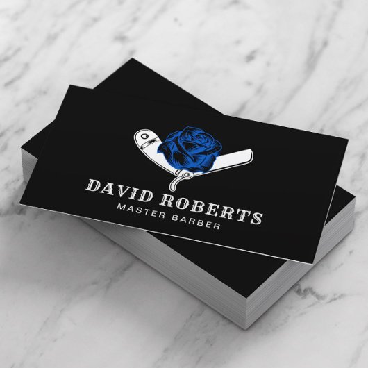 Barber scheermes & blauw Roos kapperszaak zwart ha Visitekaartje