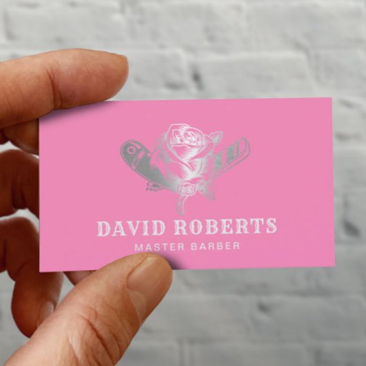 Barber Scheermes & Roos Logo Roze & zilver Barbers Visitekaartje