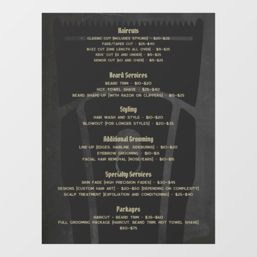Barber Shop Barbershop Prijslijst Service Menu Raamsticker (Vel)