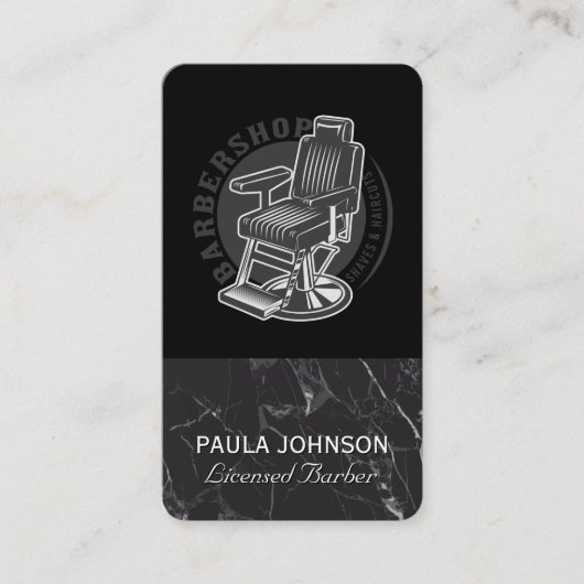 Barber Shop Chair | Black Marble Business Card Visitekaartje (Voorkant)