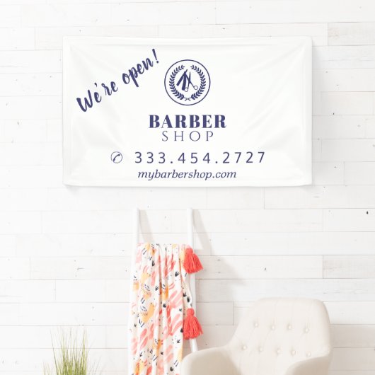 Barber shop eenvoudig modern blauw logo adverteren spandoek (Insitu)