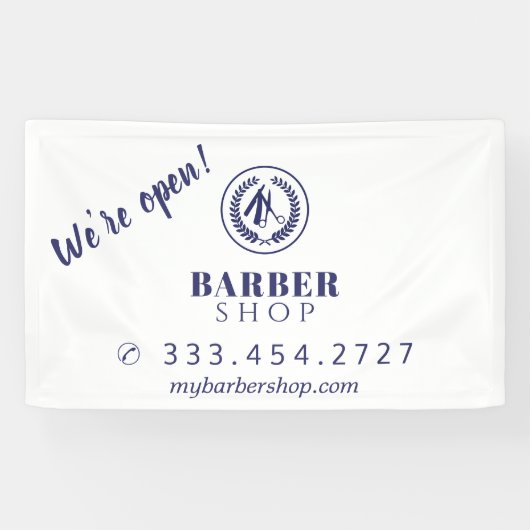 Barber shop eenvoudig modern blauw logo adverteren spandoek (Horizontaal)