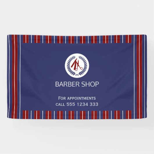 Barber shop eenvoudige rode marine witte strepen spandoek (Horizontaal)