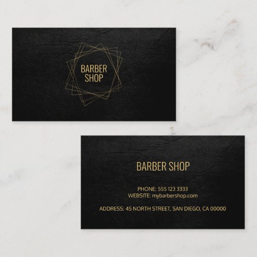Barber shop elegant zwart leer goud geometrisch visitekaartje (Voorkant / Achterkant)