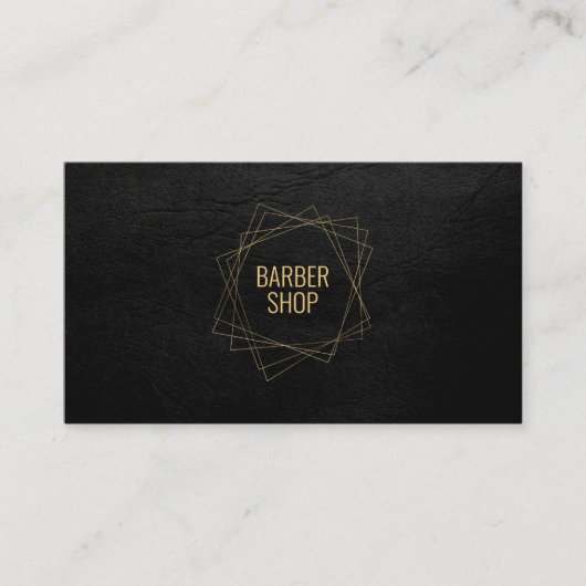 Barber shop elegant zwart leer goud geometrisch visitekaartje (Voorkant)