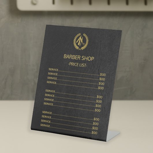 Barber shop faux zwart leer prijslijst diensten reclamebord met voetstuk