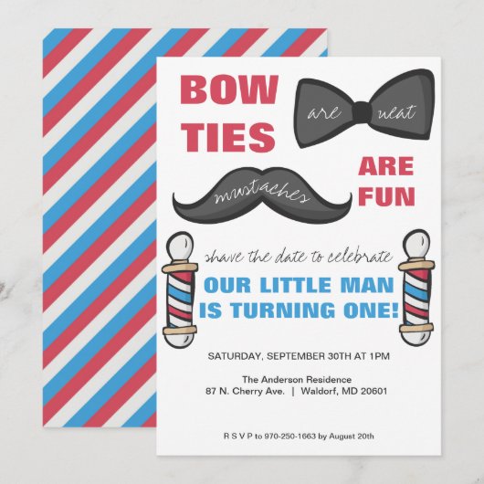 Barber Shop First Birthday Party Invitation Kaart (Voorkant / Achterkant)