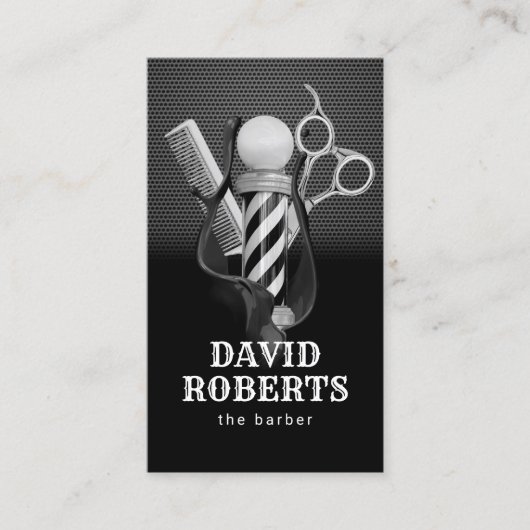 Barber Shop Haar Stylist Modern Zwart Metaal Visitekaartje (Voorkant)