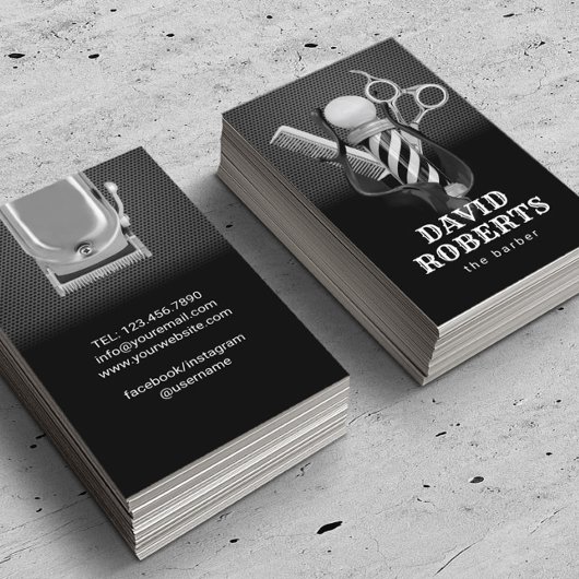 Barber Shop Haar Stylist Modern Zwart Metaal Visitekaartje
