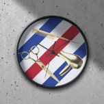 Barber Shop Haar Stylist Moderne Strepen Goud Gere<br><div class="desc">Barber Shop Hair Stylist Moderne Barber Stripes Goud Haar Gereedschap Klok.</div>