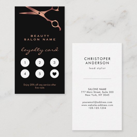Barber Shop Hairdresser Black Copper Scissors Klantenkaartje (Voorkant / Achterkant)