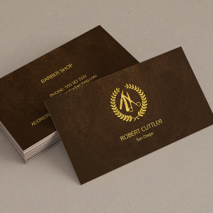 Barber shop luxe eenvoudige goud bruin leer look visitekaartje