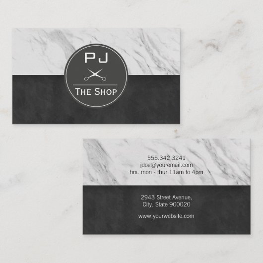 Barber Shop Marble Sleek Black Monogram Visitekaartje (Voorkant / Achterkant)