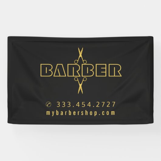 Barber shop modern script gouden schaar zwart spandoek (Horizontaal)
