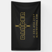 Barber shop modern script gouden schaar zwart spandoek (Verticaal)