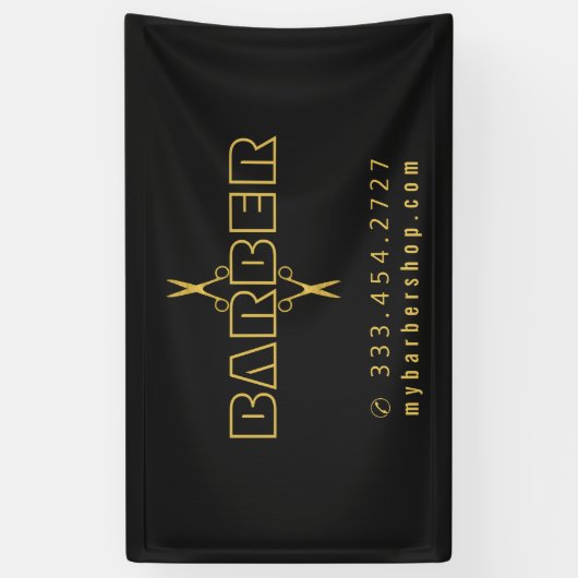 Barber shop modern script gouden schaar zwart spandoek (Verticaal)