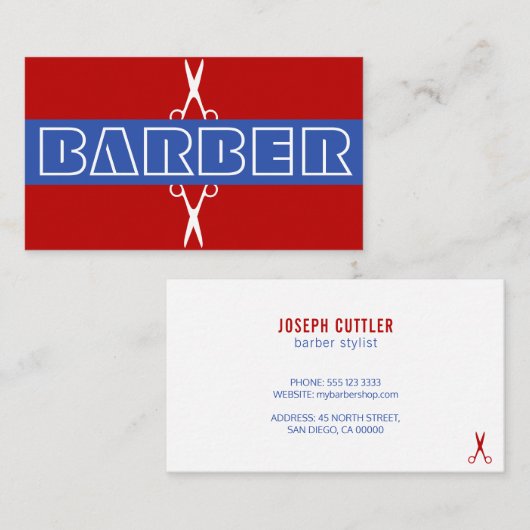 Barber shop modern wit rood blauw visitekaartje (Voorkant / Achterkant)