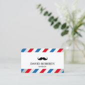 Barber Shop Mustache Hair Stylist Blue Red Stripes Visitekaartje (Staand voorkant)