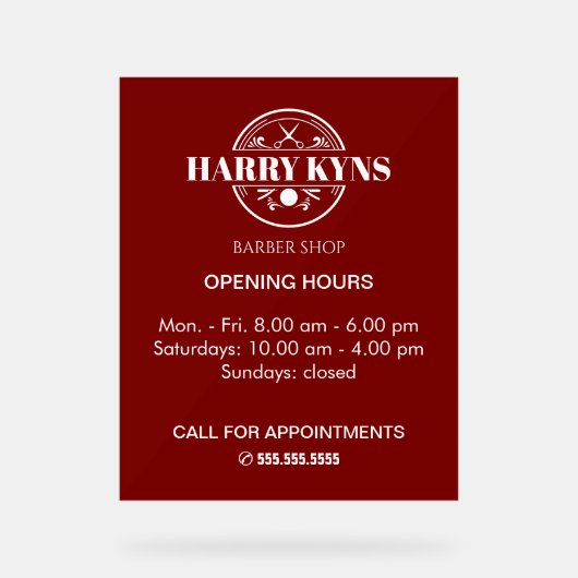 Barber shop openingstijden custom acryl bord (Voorkant)