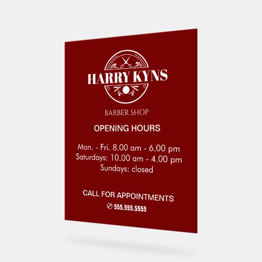 Barber shop openingstijden custom acryl bord (Hoek)