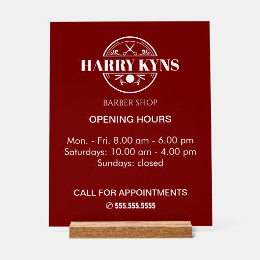 Barber shop openingstijden custom acryl bord (Voorkant)