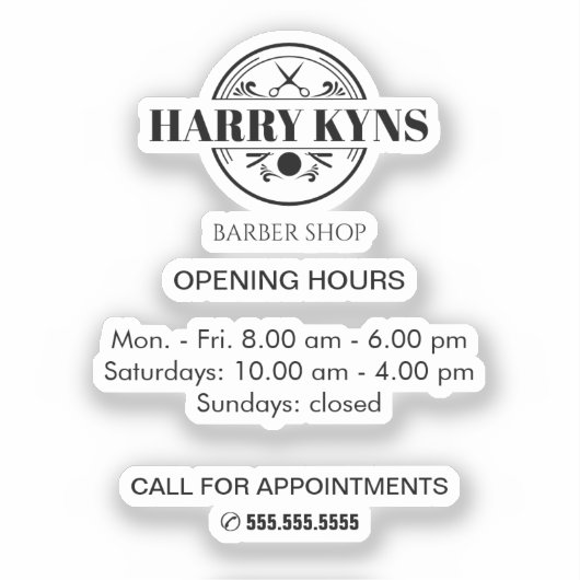 Barber shop openingstijden custom sticker (Voorkant)