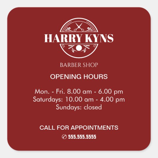 Barber shop openingstijden custom vierkante sticker (Voorkant)