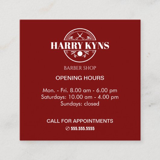 Barber shop openingstijden custom vierkante visitekaartje (Voorkant)