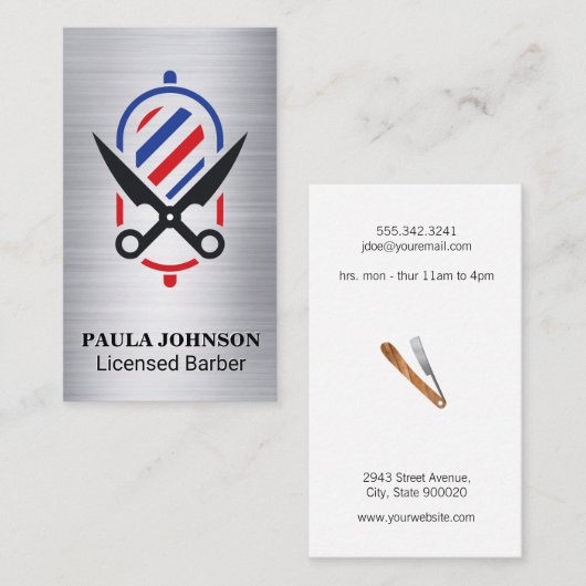 Barber Shop Pole Scissors Visitekaartje (Voorkant / Achterkant)