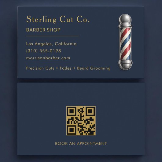 Barber Shop QR Code Navy Blue Visitekaartje