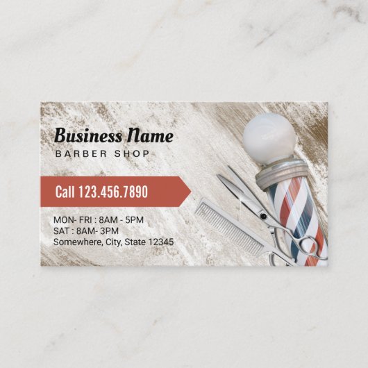 Barber Shop Schaar & Barber Pole Grunge Hout Visitekaartje (Voorkant)