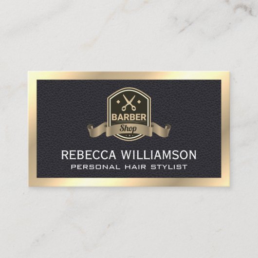 Barber Shop Scissors | Leder Gold Metal Trim Visitekaartje (Voorkant)