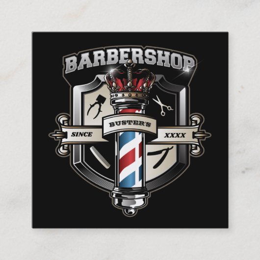 Barber Shop Shield en Kroon Vierkante Visitekaartje (Voorkant)