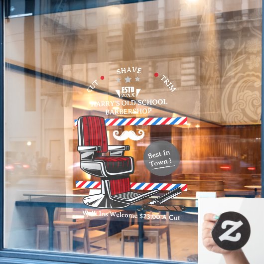  Barber Shop-stoel Mustache Razor aanpassen Raamsticker (Cafe Raam)