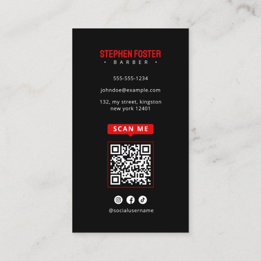Barber Shop Zwart & Rood Pole Barbershop QR Code Visitekaartje (Achterkant)