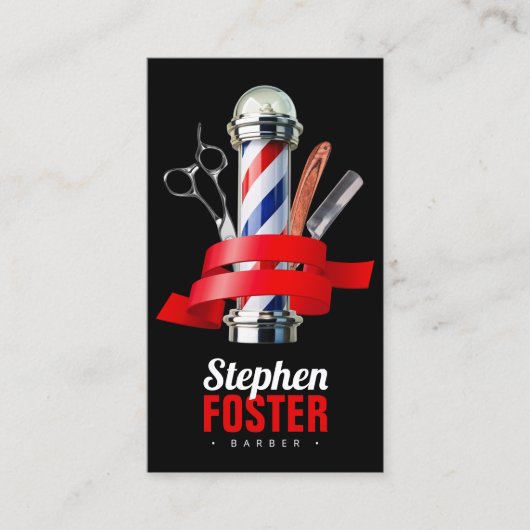 Barber Shop Zwart & Rood Pole Barbershop QR Code Visitekaartje (Voorkant)