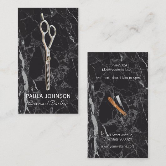 Barber Shop | Zwarte marmer | Schaar Visitekaartje (Voorkant / Achterkant)
