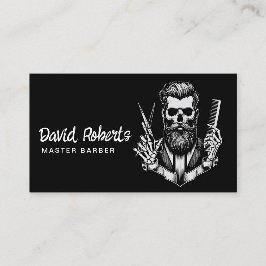 Barber Skull Barbershop Plain Black Hair Stylist Visitekaartje (Voorkant)