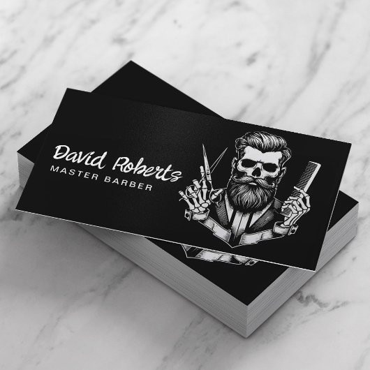 Barber Skull Barbershop Plain Black Hair Stylist Visitekaartje